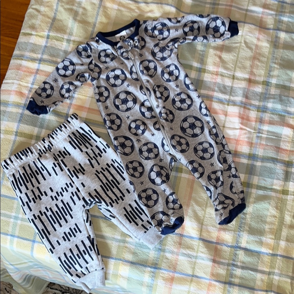 Soccer Print Baby Footie Sleeper and‎ Sweat pants  - Blue and Gray